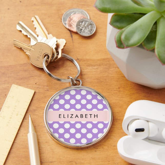 Purple Polka Dots, Polka Dot Pattern, Your Name Key Ring (Desk)