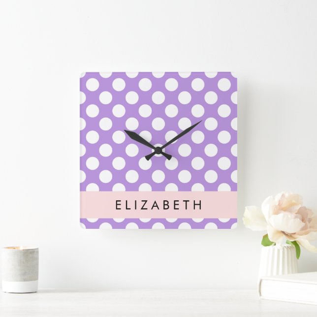 Purple Polka Dots, Polka Dot Pattern, Your Name Square Wall Clock (Home)