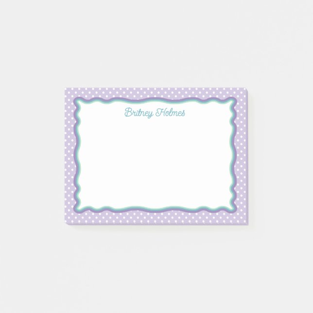 Purple Polka Dots & Wavy Frame Add Name Post-it Notes (Front)