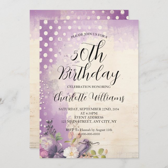 Purple Polka Dots Women's 50th Birthday Invitation (Front/Back)