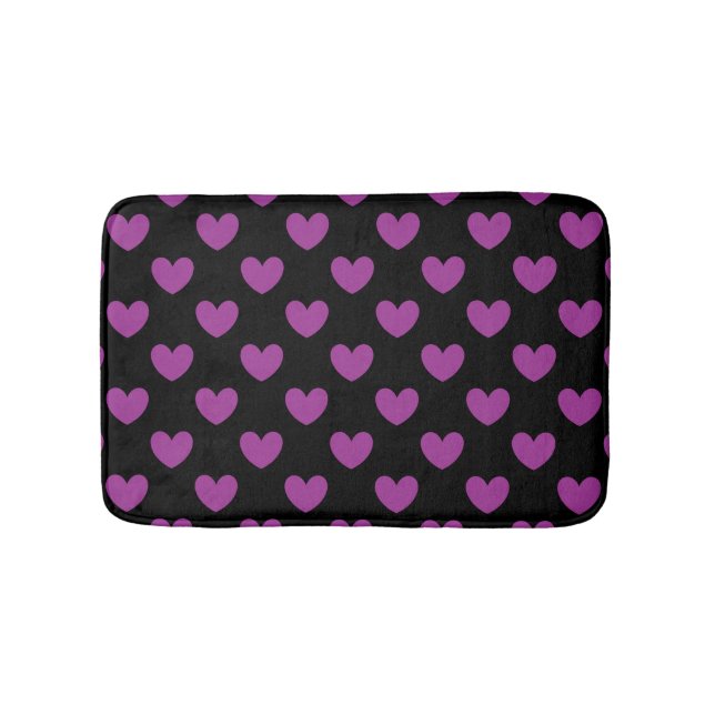 Purple polka hearts on black bath mat (Front)
