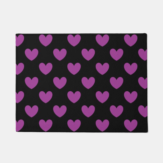 Purple polka hearts on black doormat (Front)