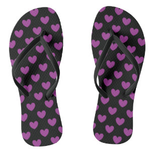 Purple polka hearts on black flip flops