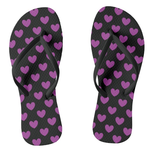 Purple polka hearts on black flip flops (Footbed)