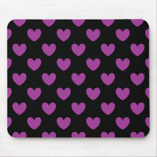 Purple polka hearts on black mouse mat