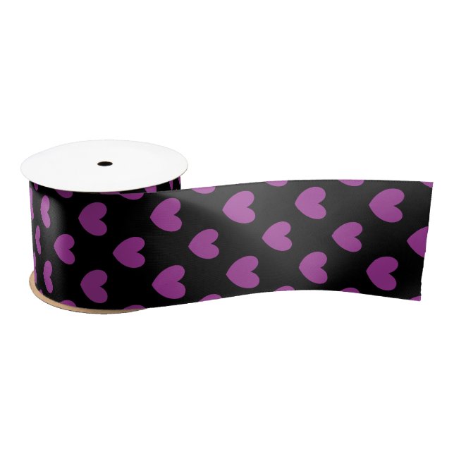 Purple polka hearts on black satin ribbon (Spool)