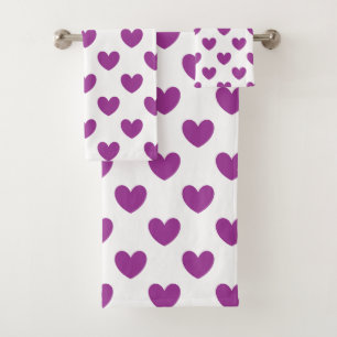 Purple polka hearts on white bath towel set