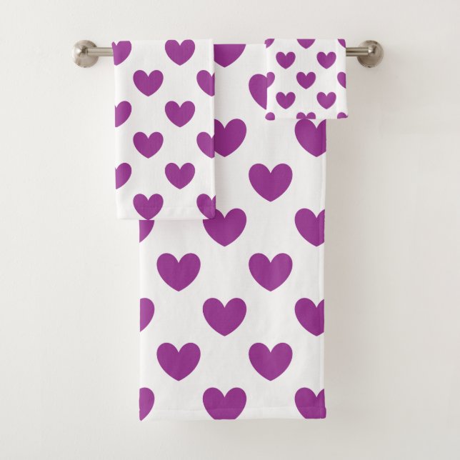 Purple polka hearts on white bath towel set (Insitu)