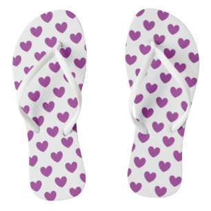 Purple polka hearts on white flip flops