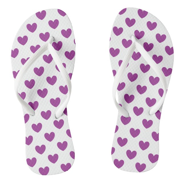 Purple polka hearts on white flip flops (Footbed)