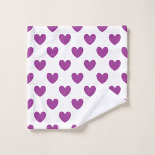 Purple polka hearts on white wash cloth