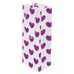 Purple polka hearts on white wine gift bag