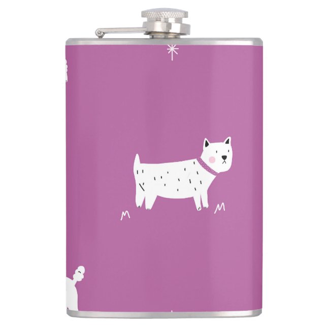 Purple Poodle: Monochrome Retro Pattern Hip Flask (Front)
