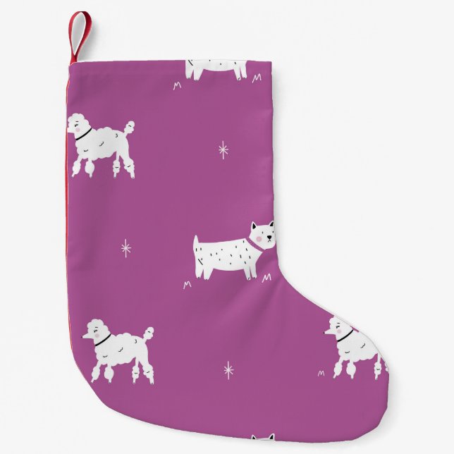 Purple Poodle: Monochrome Retro Pattern Small Christmas Stocking (Front)
