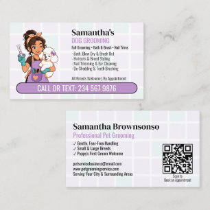 Purple Poodle Winking Groomer Girl QR Dog Grooming Business Card