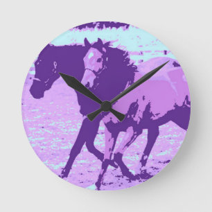 Purple Pop Art Horses Round Clock