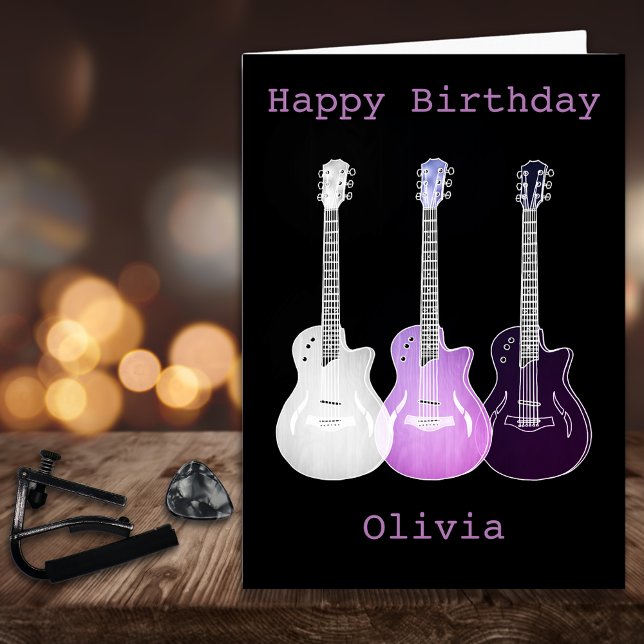 Purple Pop Art Music Guitar Add Name Olivia Card (Cool pop art guitar pink and black custom happy birthday greetings card)