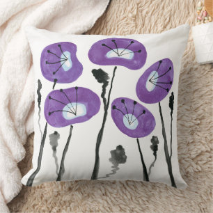 Purple Poppies Boho Modern Watercolor Flowers Cushion