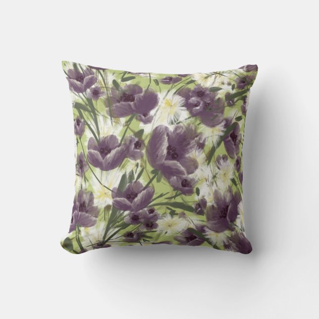 Purple Poppies in Green Mellow Garden Cushion (Front)