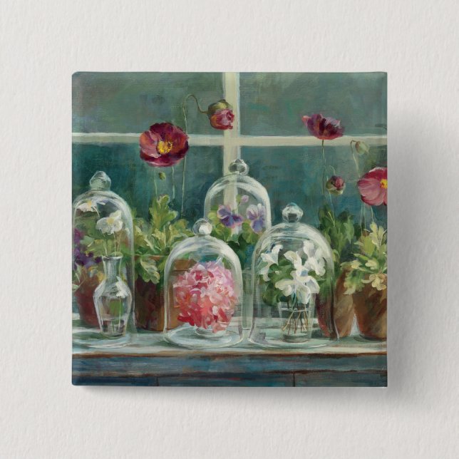 Purple Poppies on a Windowsill 15 Cm Square Badge (Front)