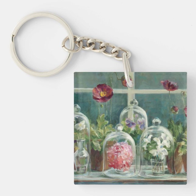 Purple Poppies on a Windowsill Key Ring (Front)