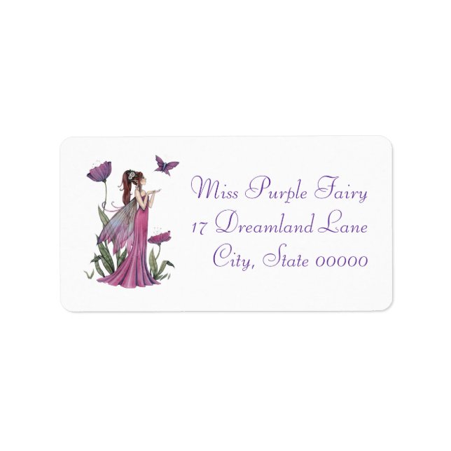 Purple Poppy Fairy and Butterfly Fantasy Art Label (Front)