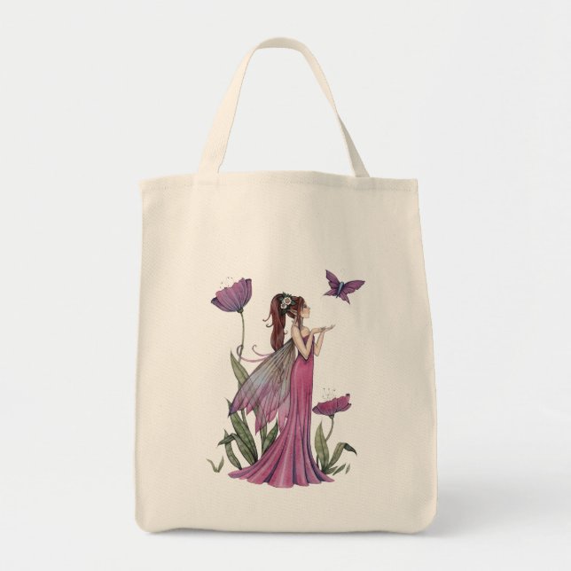 Purple Poppy Fairy Fantasy Art Organic Tote Bag (Front)