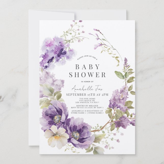 Purple Poppy & Lilac Floral Baby Shower Invitation (Front)