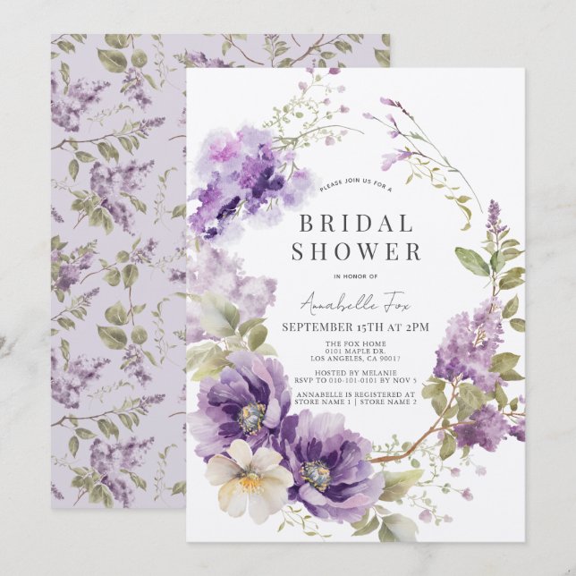 Purple Poppy & Lilac Floral Bridal Shower Invitation (Front/Back)