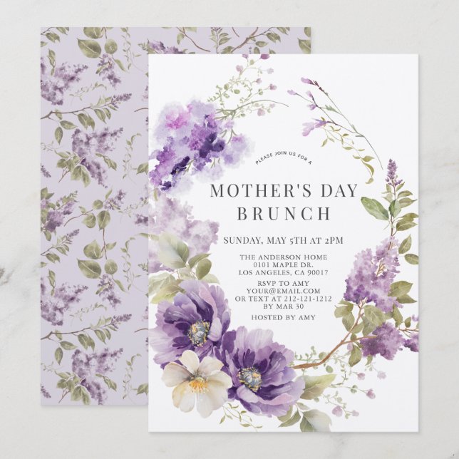 Purple Poppy & Lilac Floral Mother's Day Brunch Invitation (Front/Back)