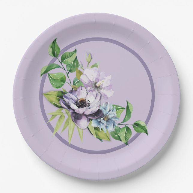 Purple Poppy Watercolor Floral Paper Plate (Front)