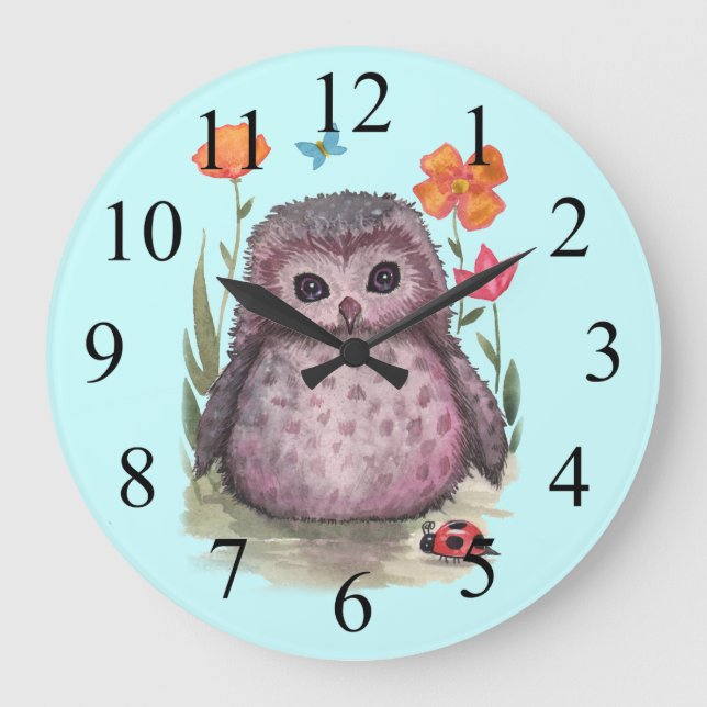 Purple Portly Owlet Cute Owl and Ladybug Clock (Front)
