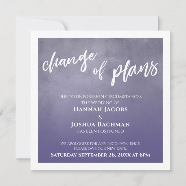 Purple Postponed Wedding Change of Plans Card (Front)