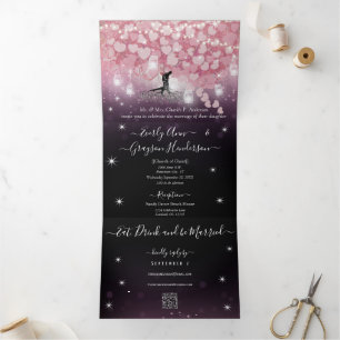 Purple Powder Pink and Black Heart Leaf Wedding Tri-Fold Invitation