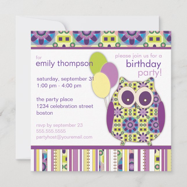 Purple Power Birthday Owl Party Invitation (Front)