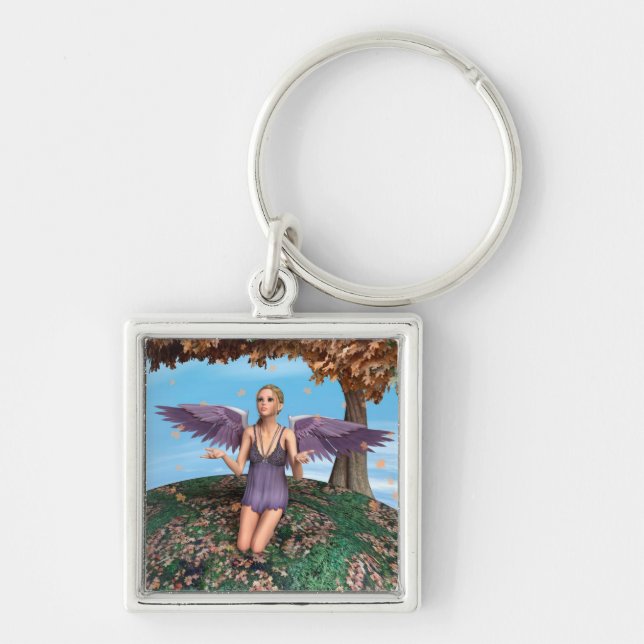 Purple Praying Angel Autumn Fantasy Art Key Ring (Front)