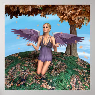 Purple Praying Angel Autumn Fantasy Art Poster