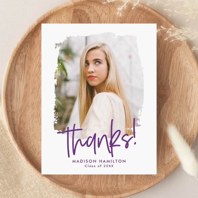 Purple | Preppy Script Photo Graduation Thank You Postcard (Creator Uploaded)