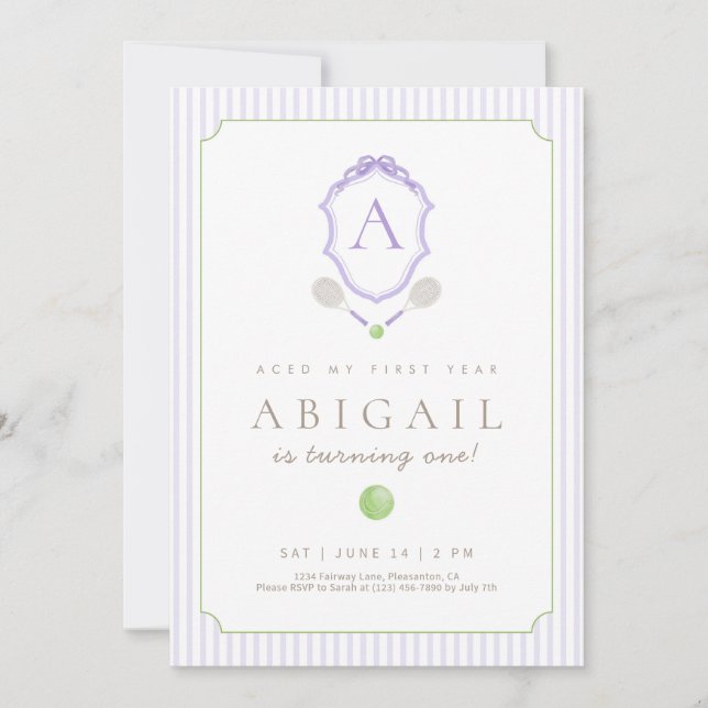 Purple Preppy Tennis Crest 1st Birthday invite (Front)