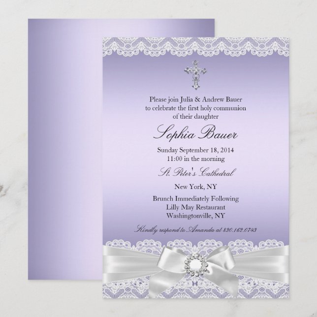 Purple Pretty Bow Cross Holy Communion Invitation (Front/Back)