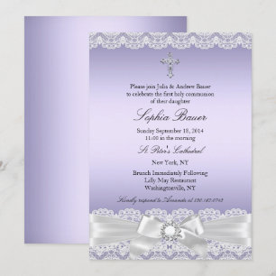 Purple Pretty Bow Cross Holy Communion Invitation