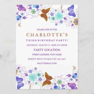 Purple Pretty Butterfly   Birthday Invitation