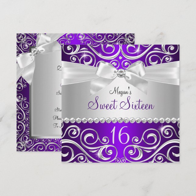 Purple Pretty Diamond bow Sparkle Swirl Sweet 16 Invitation (Front/Back)
