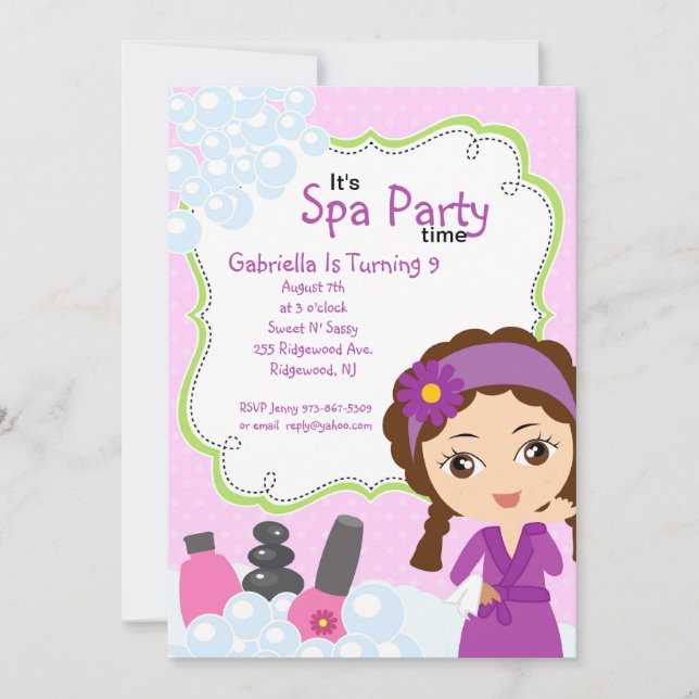 Purple Pretty Girl Spa Birthday Party Invitation (Front)