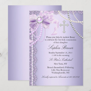 Purple Pretty Pearl Bow Cross First Holy Communion Invitation