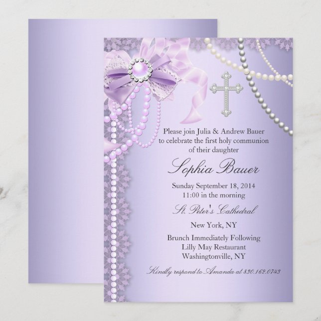 Purple Pretty Pearl Bow Cross First Holy Communion Invitation (Front/Back)