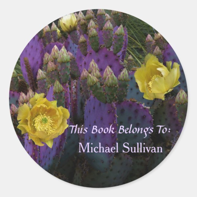 Purple Prickly Pear Opuntia Cactus Yellow Flowers Classic Round Sticker (Front)