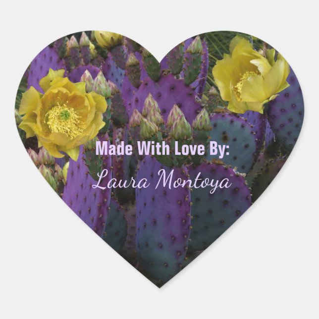 Purple Prickly Pear Opuntia Cactus Yellow Flowers Heart Sticker (Front)