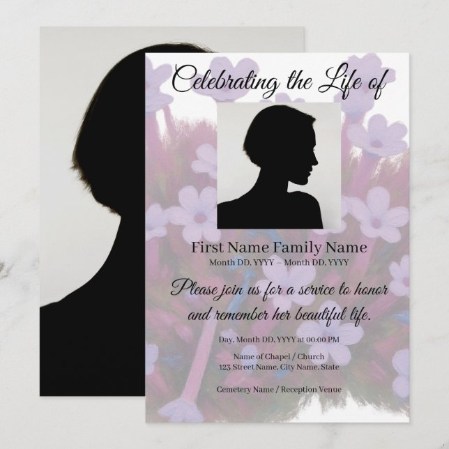 Purple primrose memorial invitation (Front/Back)