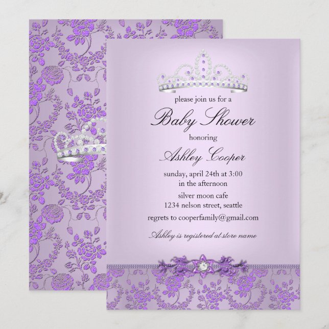 Purple Princess Baby Shower Tiara Invitation (Front/Back)